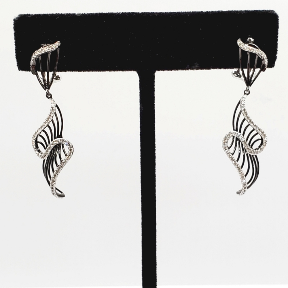 14k Solid White / Black Gold Genuine Round Diamond Swirl Omega Back Earrings